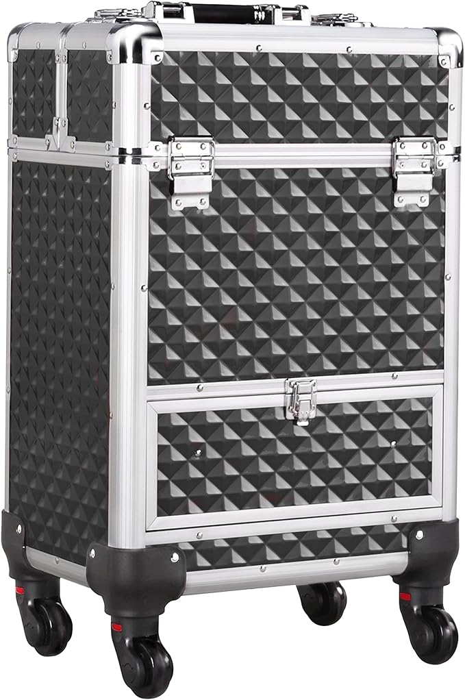 Yaheetech Rolling Makeup Train Case Aluminum Cosmetic Case with Wheels Barber Case Salon Lockable Travel Trolley with Sliding Drawers Removable Divider, Black/Silver