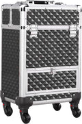 Yaheetech Rolling Makeup Train Case Aluminum Cosmetic Case with Wheels Barber Case Salon Lockable Travel Trolley with Sliding Drawers Removable Divider, Black/Silver