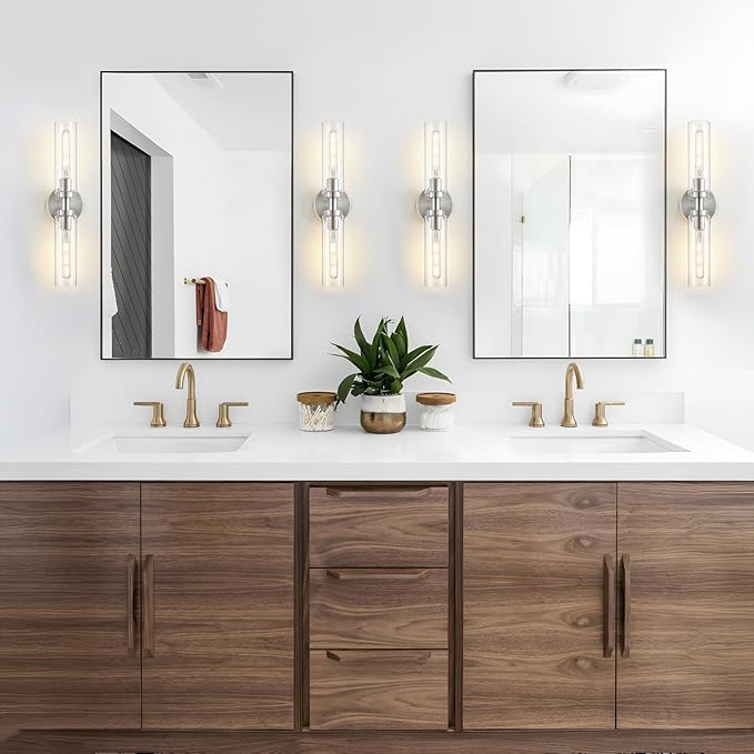 2 Light Bathroom Wall Sconces Set of 2,Modern Farmhouse Brushed Nickel Bathroom Light Fixture Over Mirror with Clear Glass Shade,Vanity Light for Hallway Cabinet Bedroom Stairway Porch