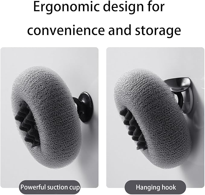 2Pcs Bath Sponge Shower Loofah, Exfoliating Body Scrubber, Upgrade Large 2-in-1 Sunflower Bath Ball with Suction Cup Non-Slip Handle, Bath Sponges for Men Women(Grey&Black)