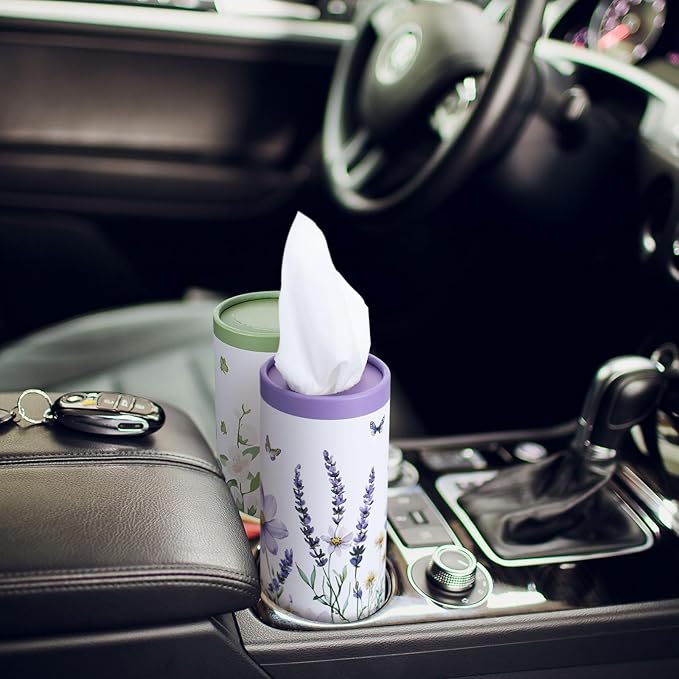 12 Pack Car Tissue Cylinder Holder Bulk with 3 Ply Facial Tissues, Round Napkin Holders for Car Cup Holder Cylinder Travel Paper Tubes Bulk Round Napkin Boxes Packs(Classic Flower)