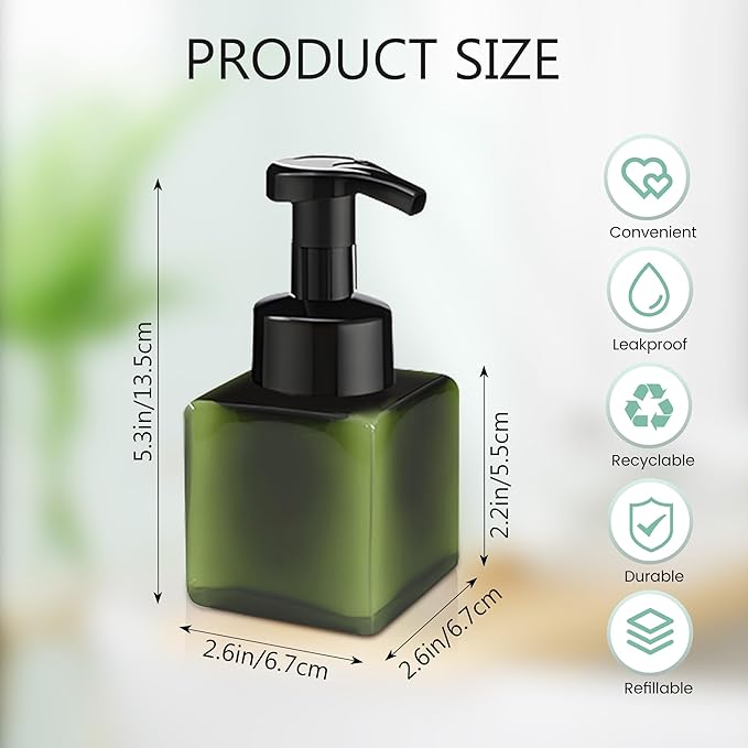 8.5 oz Foaming Soap Dispenser Plastic Foaming Pump Bottle, Refillable Dispenser with Plastic Pump, Empty Hand Bottles for Liquid Soap, Shampoo, Bathroom,Hotel,Restaurant (15, Green)