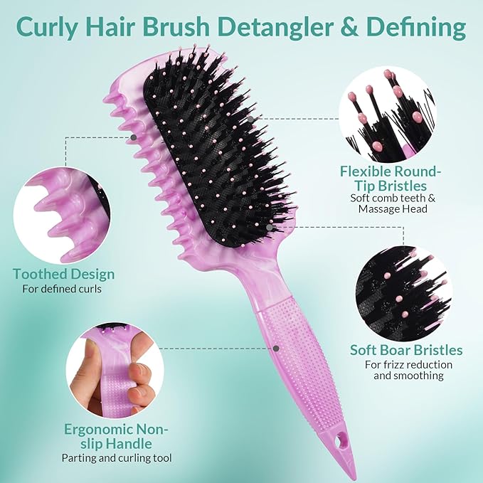 Curl Defining Brush, Curly Hair Brush Products for Effortlessly Detangling Shaping and Styling Women's Men's Curls on All Wet or Dry Hair Types, Reduces Frizz (Marble Purple)