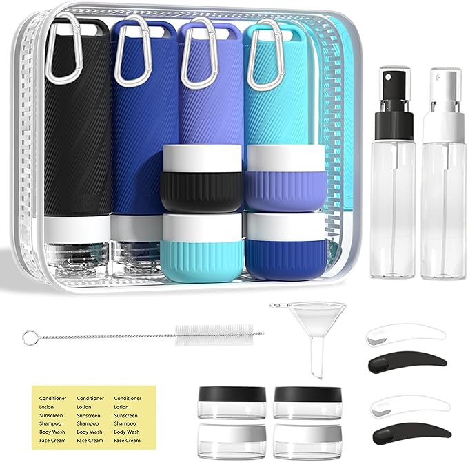 26 Pieces Travel Size Toiletries Bottles Set, Tsa Approved Leakproof Refillable Travel Bottles with Hanging hole design, Silicone Material, Suitable for Shampoo, Conditioner, and Body Lotion