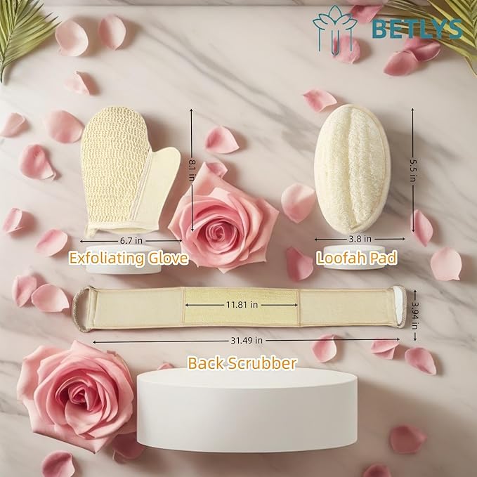 Natural Loofah Sponge Exfoliating Body Scrubber, Loofa Back Scrubber for Shower Set for Men and Women (3 Pack), Luffa Sponge Pads & Exfoliating Glove Deep Clean & Invigorate Your Skin, Yellow