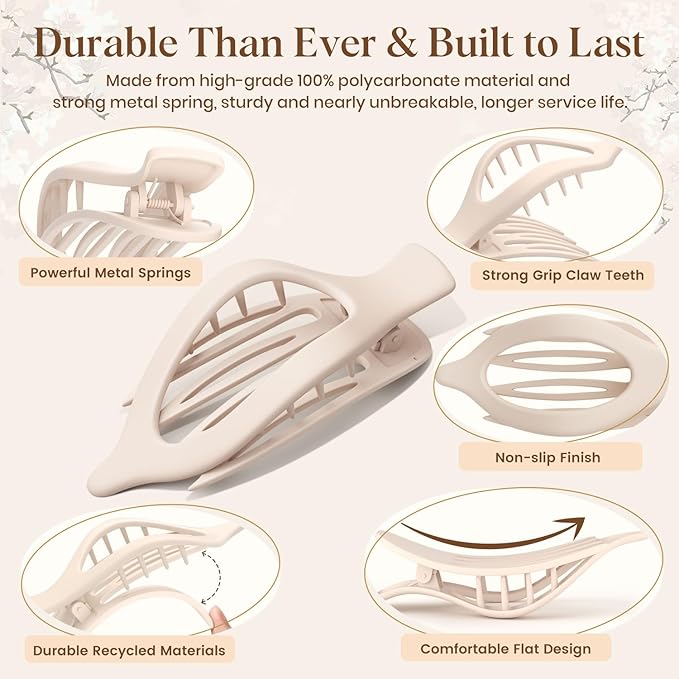 6 PCS Large Flat Hair Clips for Women Girls, French Concord Lay Down Flat Claw Clips for Thick Thin Hair, Comfortable Curved Flat Clip, Matte Non-slip Strong Hold Hair Accessories, Neutral
