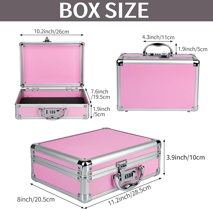 Large Portable Cosmetic Box with 6 Accessories, Aluminum Makeup Storage Lock Case. 11.2 X 8 X 3.9 Inches, Great Gift for Women. (Pink)