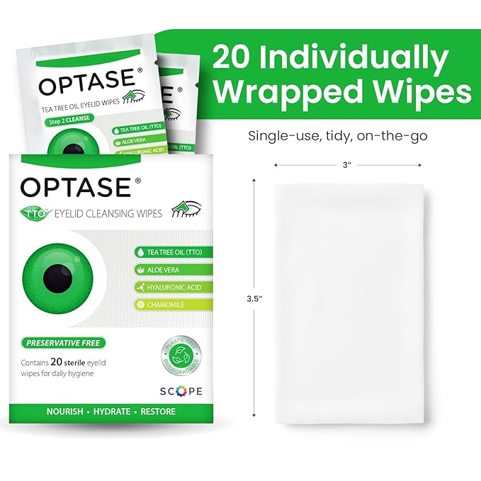 OPTASE TTO Eyelid Cleansing Wipes, 20 Count – Individually Wrapped Tea Tree Oil Eyelid Wipes – Preservative-Free Formula for Daily Use – Eye Doctor Recommended Tea Tree Eye Lid Cleanser