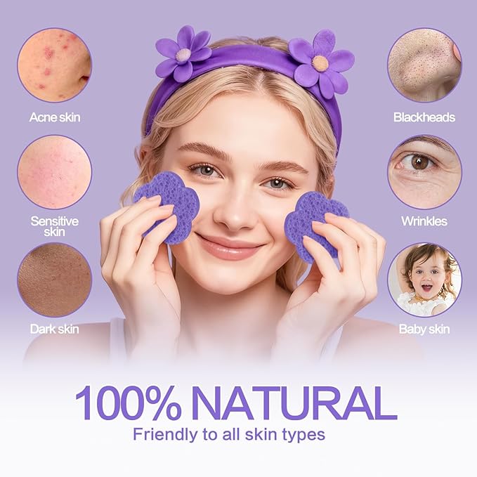 50-Count Facial Sponges, Natural, Modern Flower Shape, Purple, Reusable, Exfoliating, Cleansing, Makeup Gift