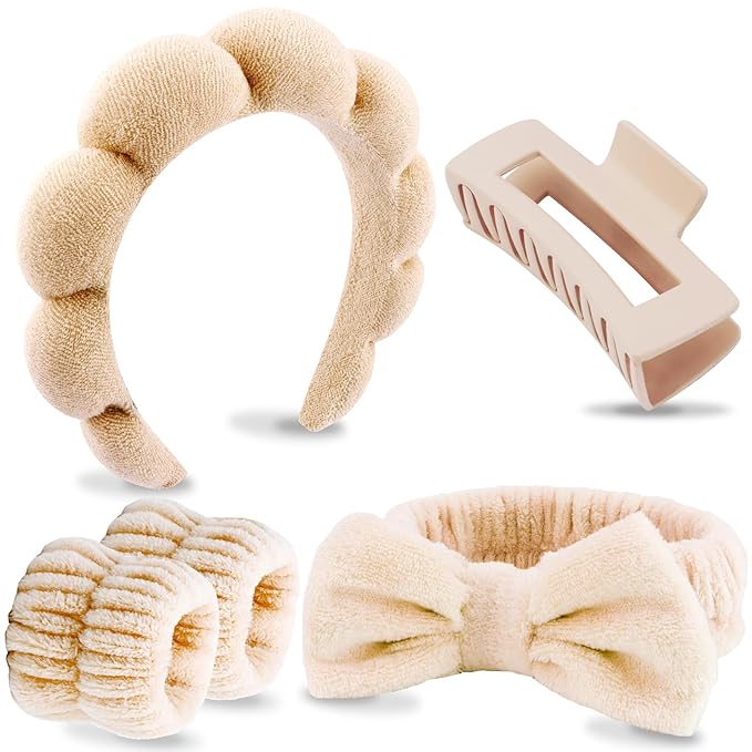VELSCRUN Spa Headbands for Wash Face, Makeup Headband, Facial Skincare Headbands, 5 Pcs Khaki Puffy Sponge Spa Headband Bow Tie Hair Band Hair Clips Wristband Set Women Girls Accessories