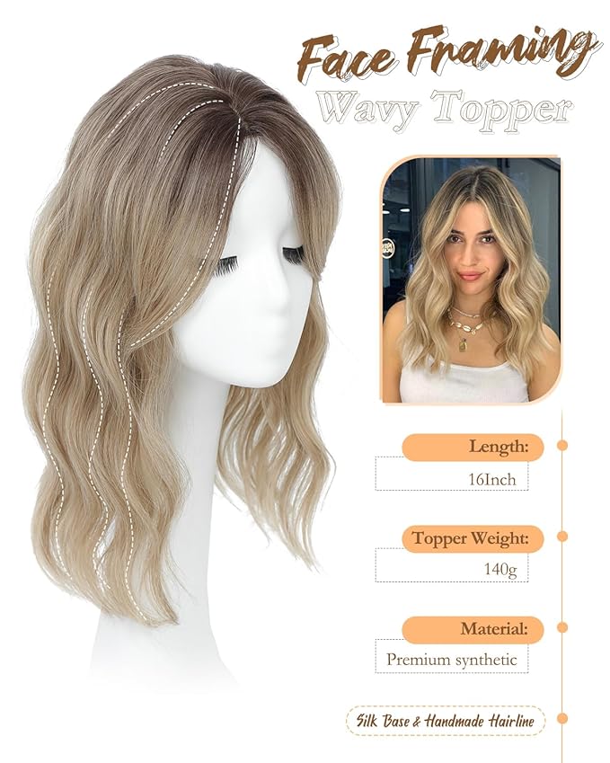PANEWAY Hair Topper 16 Inch Wavy Synthetic Clip-In Topper for Women Natural Looking Voluminous Hairpiece for Thinning Hair, Lightweight & Breathable