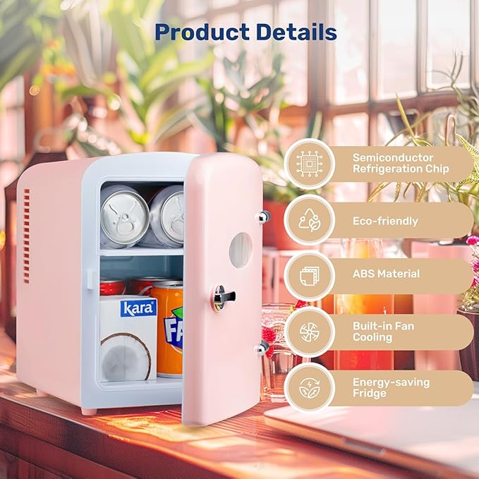 HealSmart 4L Mini Fridge with Observation Window, 6 Can Capacity, Freon-Free and Portable Cooler and Warmer, Cosmetics/Food/Beverage, Pink
