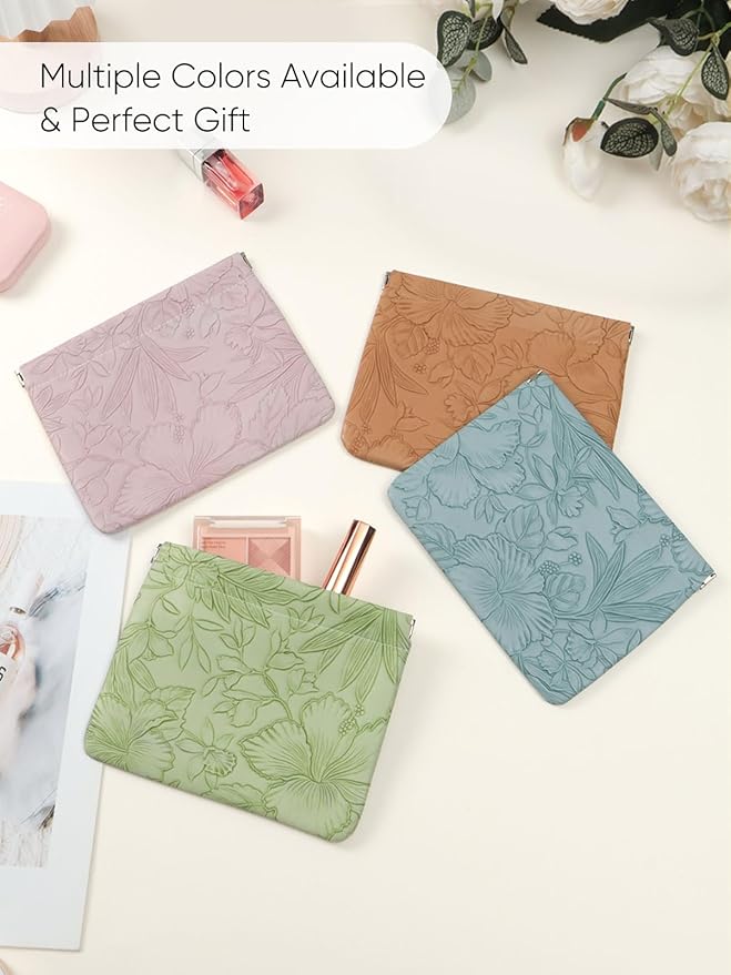 Brown Floral Leather Makeup Pouch Set for Women Small Make Up Bag for Purse Waterproof Initial Makeup Cosmetic Bags Pouches for Purse Aesthetic Travel Toiletry Bag