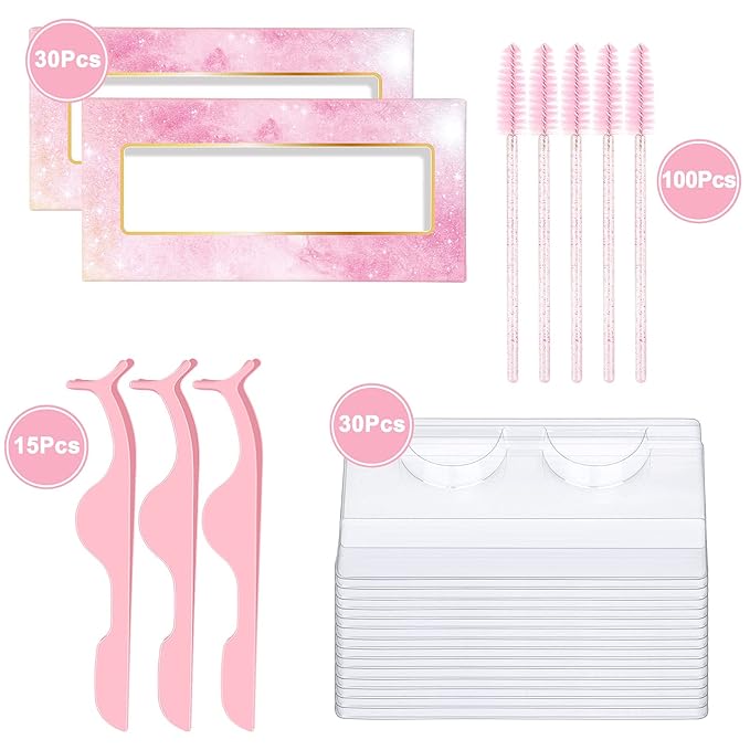 175 Pieces Lash Packaging Wholesale, Include 30 Empty Eyelashes Packaging Box, 30 False Lash Trays, 15 Eyelash Tweezers and 100 Eyelash Brush Mascara Wands Disposable (Pink)