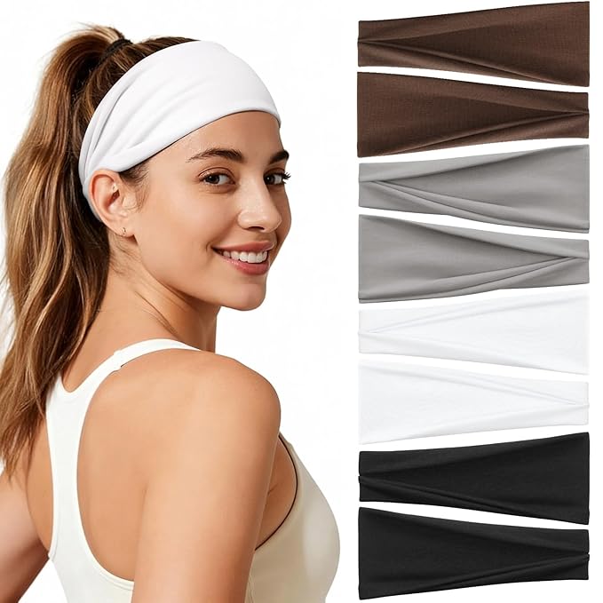 Headbands for Women, 8 Pack Non-Slip Moisture Wicking Sports Wide Head Bands, Stretchy Elastic Fabric, Multiple Colors Securing Hair for Fashion, Sports, Yoga, Running, Daily Life
