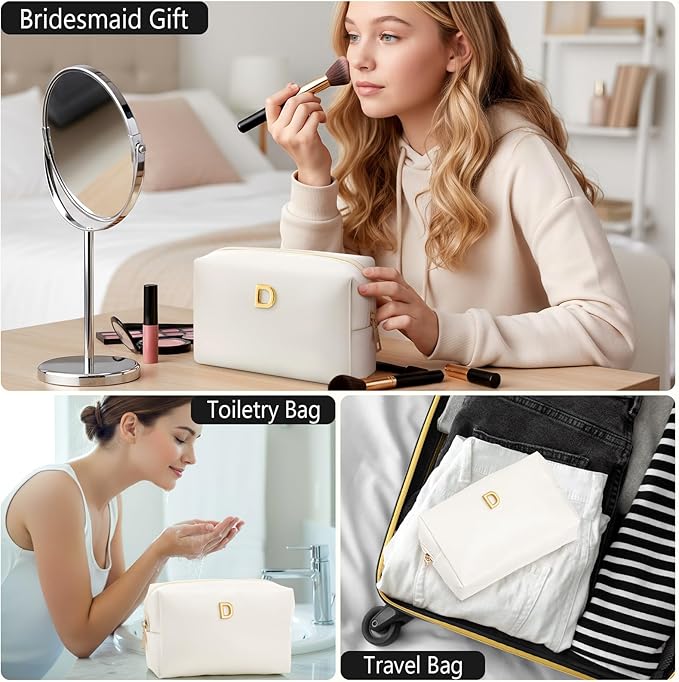 Kigeli Initial Makeup Bag for Women Beige Leather Easter Basket Gifts Monogram Cosmetic Bag Small Travel Toiletry Pouch Wedding Birthday Graduation Bridesmaid Gifts for Teen Girls Women Teachers