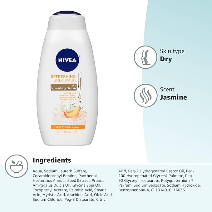 NIVEA Refreshing White Peach and Jasmine Body Wash with Nourishing Serum,Scented Body Wash for Women,Enriched with Provitamin B5 and Vitamin E,20 Fl Oz Bottle,(Pack of 2)