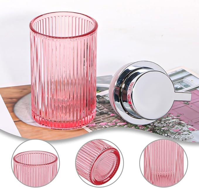 Foaming Soap Dispenser, 12 Oz Pink Glass Foam Hand Soap Dispenser, Refillable Glass Foam Pump Bottle Container Decorative Slim Ribbed Bottle for Bathroom and Kitchen