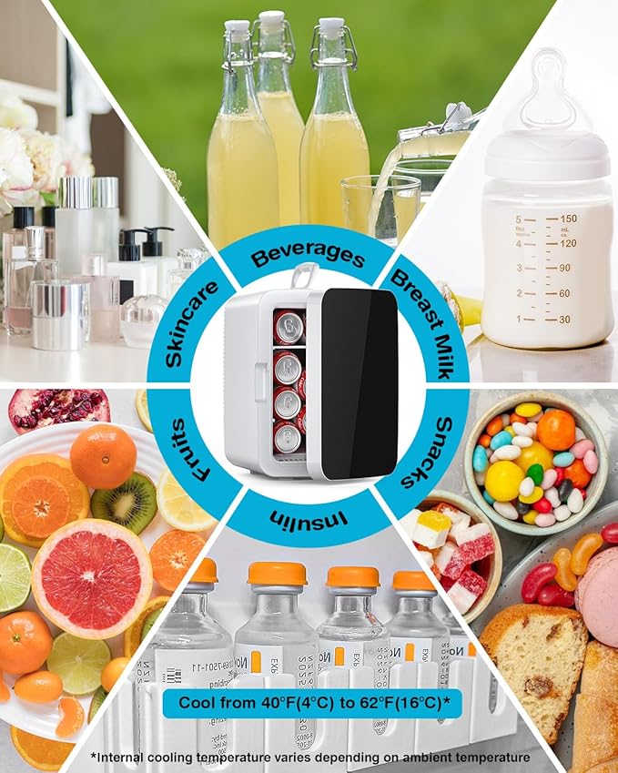 Compact Mini Fridge, Portable Small Refrigerator with AC/DC Adapters, 10 Liter / 2.6 Gal Small Cosmetics Cooler for Beverage, Food, Skincare, Bedroom, Office and Car, White