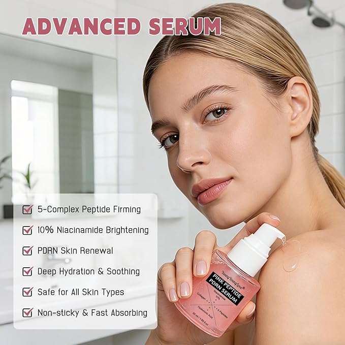 Pink Collagen Peptide PDRN Serum with 5-Complex Peptides, 10% Niacinamide & Hyaluronic Acid for Skin Firming, Moisturizing, Boosting & Calming, Uneven Tone, Pore Minimizing & Anti-Aging, 1.69 oz