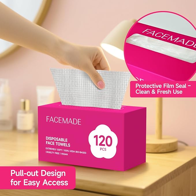 FACEMADE 240 Count (2 packs) Disposable Face Towels, 100% USDA Biobased Face Towelettes Disposable, Clean Facial Towels for Makeup and Clean Skin, Super Soft and Thick Dry Wipes Club