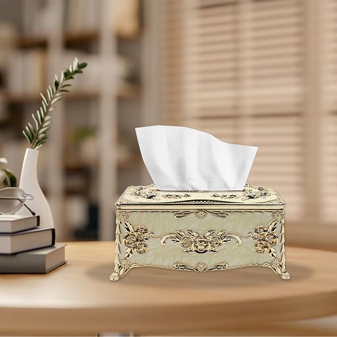 Geesatis Tissue Box Cover, Rectangle Tissue Box Holder, Rectangular Napkin Facial Tissues Holder for Bathroom Toilet Bedroom Living Room Table Desk Office Dresser, 1 Pcs Gold 9.5''x5.7''x4.9''