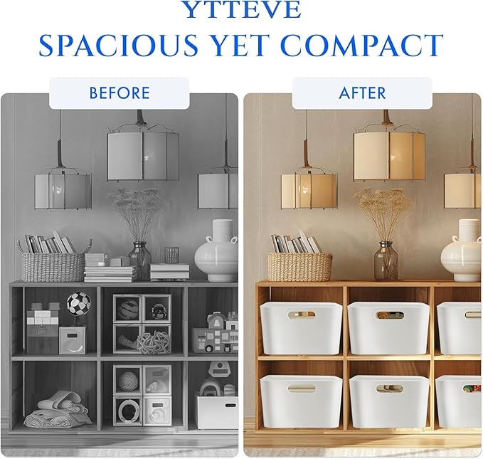 Ytteve 4 Pack Large Plastic Storage Bins with Handles,13.7x10.2x5.7 Inch Stackable White Organizer Containers for Kitchen,Pantry,Closet,Bathroom,Office,Cabinet,Drawer,Snack,Toy & Makeup Organization