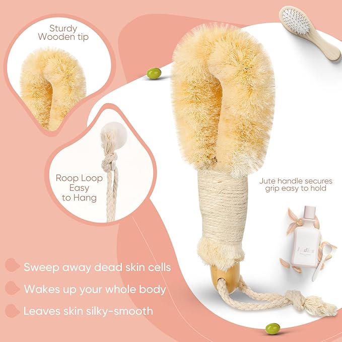 2 Pcs Dry Brushing Sisal Body Brush, Natural Bristle with Fibers Scrubber, Dry Skin Exfoliating Bath Shower for Skin Care