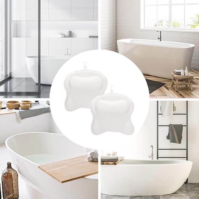 2 Pack Bath Pillow for Tub, Luxury Bathtub Pillow with Head, Neck, Shoulder and Back Support Soft 4D Mesh Bathtub Pillows with 6 Suction Cups - White