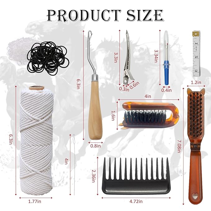 Horse Braiding Kit – 11PCS Equestrian Mane & Tail Grooming Set with Braiding Yarn, Rug Hook, Mane Comb, Seam Ripper, Measuring Tape & Storage Bag – Horse Show Grooming Essentials, Easy for Beginners