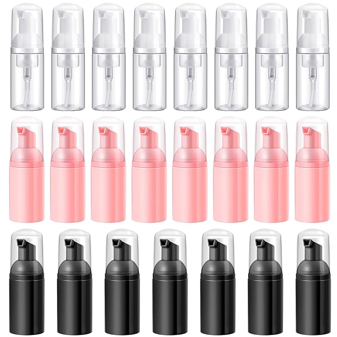 24 Pcs Foam Pump Bottles 1 Oz/ 30 ml Plastic Mini Empty Dispenser Travel Soap Foaming Bottles for Refillable Hand Sanitizer Lash Shampoo(White, Pink, Black)