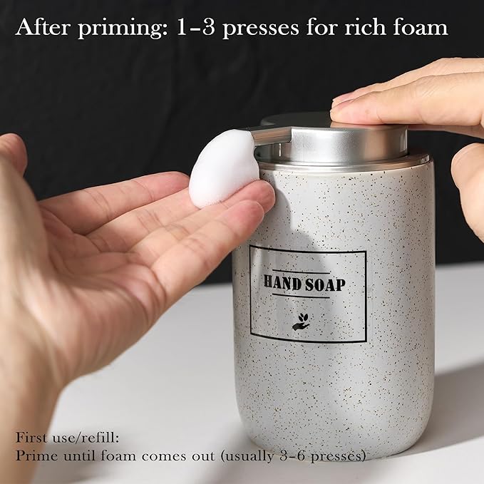 Gray Foaming Soap Dispenser,Ceramic Foam Dispenser with Silver Plastic Pump for Bathroom&Kitchen,12oz Refillable Foaming Dispenser