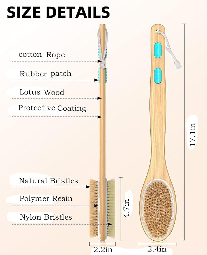 Back Scrubber for Shower, Long Handle Dual-Sided Shower Brush with Soft and Stiff Bristles, Body Exfoliator