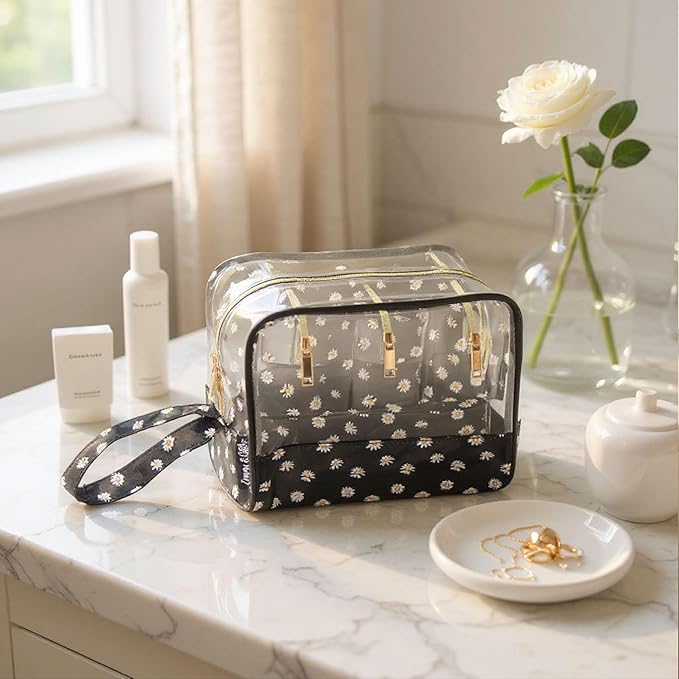 Emma & Chloe Travel Toiletry Bags for Women, 5 Piece Waterproof Cosmetic Case, Bag, Pouch Makeup Organizer Set for Women, Home Counters (Delicate White Daisies)