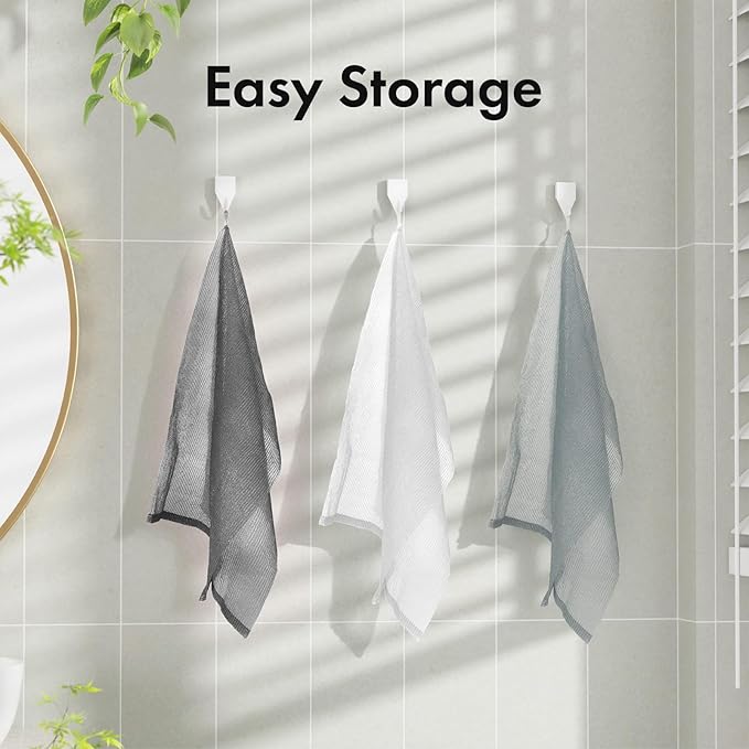 Exfoliating Washcloth, Nylon Bath Towel Body Scrubber with Hanging Strap, Back Scrubber for Shower Japanese Washcloth Loofah - Deep Clean & Rich Lather (Black & White & Gray, Pack of 3)