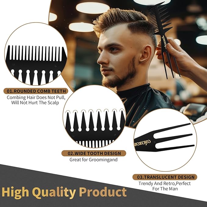 Wide Tooth Comb Set for Men - 4 Pcs Professional Barber Combs with Anti-Static Design, Reduce Hair Pulling for Curly Thick Hair, Textured ABS Black Combs for Travel Salon Home Grooming
