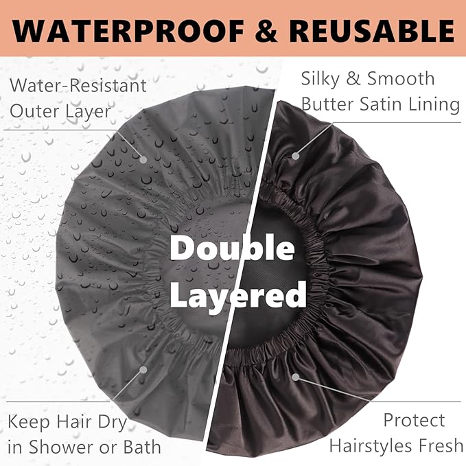 Adjustable Shower Caps for Women Reusable Waterproof Satin Lining Extra Large Shower Cap for Women and Men Long Hair Braids Curly Hair (Xl,Black)