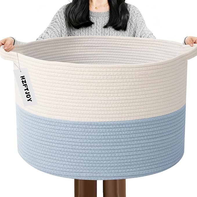 65L Large Blanket Basket,19.7" L x 19.7" W x 13" H Rope Woven Baskets with Handles, Toys Storage Bins,Laundry Basket Perfect for Living Room, Nursery,Bedroom,Home Organization,White&Blue