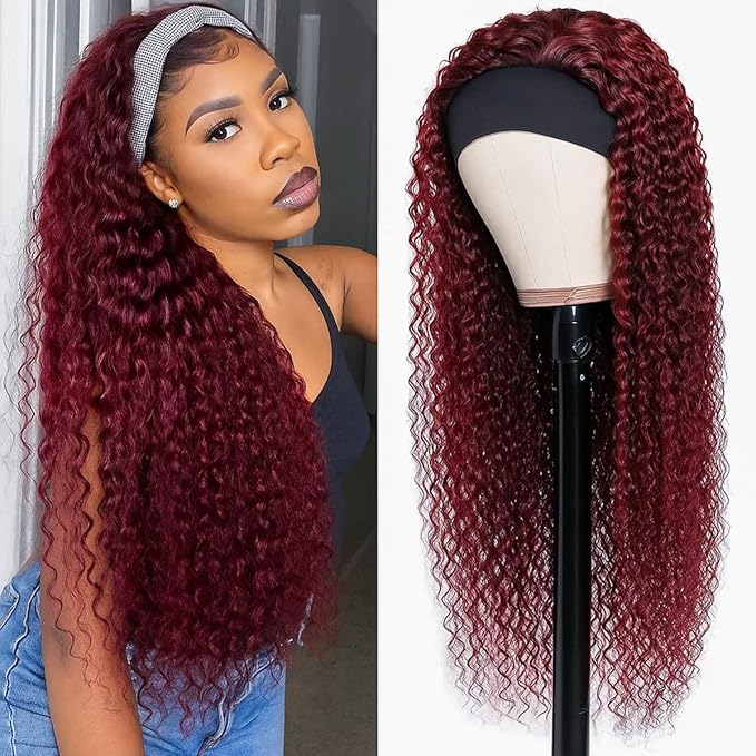 XSY Headband Wig Human Hair Deep Wave 99J Red Burgundy Human Hair Headband wigs for women Glueless None Lace Front Wig Machine Made 150% Density 22 Inch