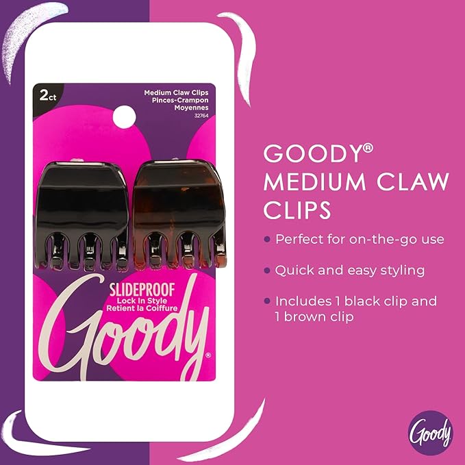 Goody Classics Medium Claw Clips, Black and Brown Colors - Great for Easily Pulling Up Your Hair - Pain-Free Hair Accessories for Women, Men, Boys and Girls, 2 Count (Pack of 2)