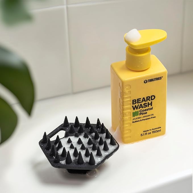 TOOLETRIES Men's Beard Kit - Silicone Beard Scrubber & Hydrating Wash with Coastal Pine Scent, Facial Hair Exfoliator for Men, Deep Cleans & Exfoliates Skin, Removes Beardruff