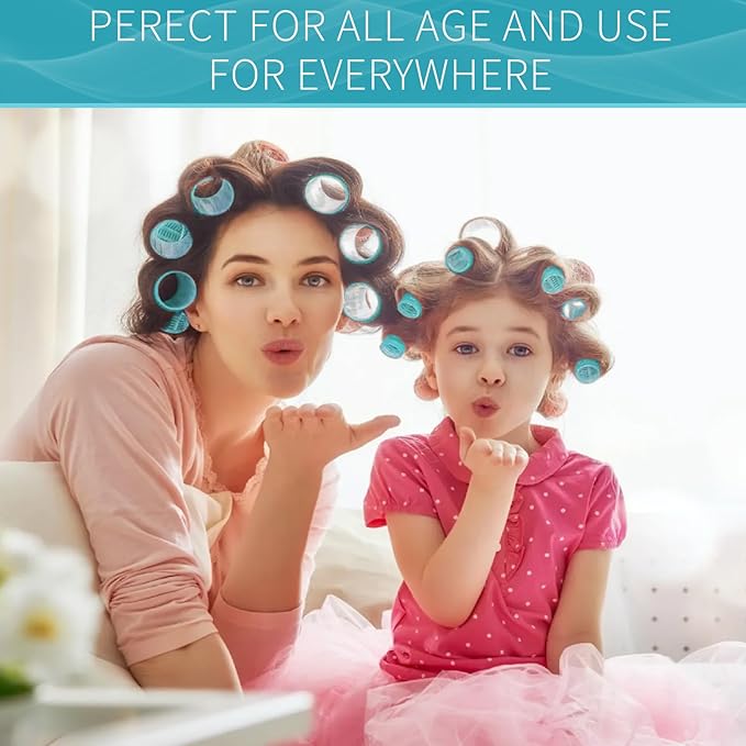 Hair Rollers, 12 Pack Self Grip Salon Hairdressing Curlers, DIY Curly Hairstyle, Large Rollers 1.57In Blue-Green