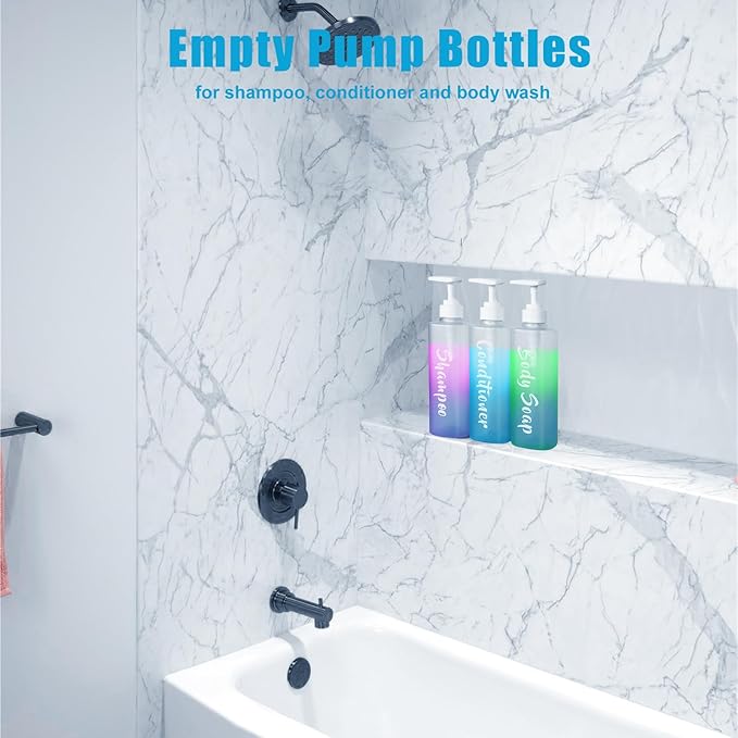 Shampoo and Conditioner Dispenser Set of 3, 17oz Shower Soap Bottles with Permanent Label, Refillable Shampoo and Conditioner Dispensers for Bathroom, Gradient Frosted Blue Empty Bottles with Pump