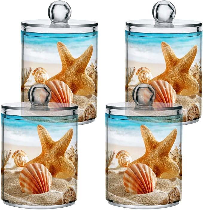 ALAZA 2 Pack Qtip Holder Dispenser for Cotton Ball Beach Starfish Ocean 2 Cotton Swab Round Pads Clear Plastic Acrylic Jar Set Bathroom Canister