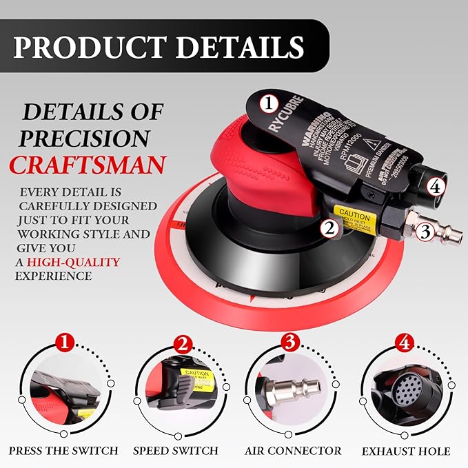 pneumatic Air Sander 5/6 Inch DA Palm Sander for auto body, High Speed Random Orbital Sander for Woodworking & Auto Polishing (6 Inch)