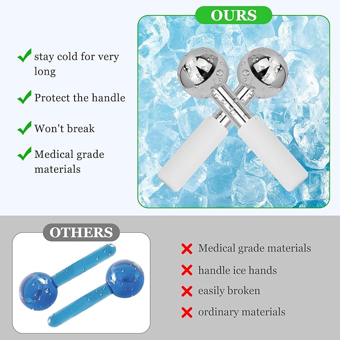 Ice Globes for Face & Eyes - Unbreakless Stainless Steel Cryo Sticks Facial Massage Tools Cold Therapy Cooling Globes to Reduce Puffiness, Wrinkles, Dark Circles Spa & Esthetician Supplies
