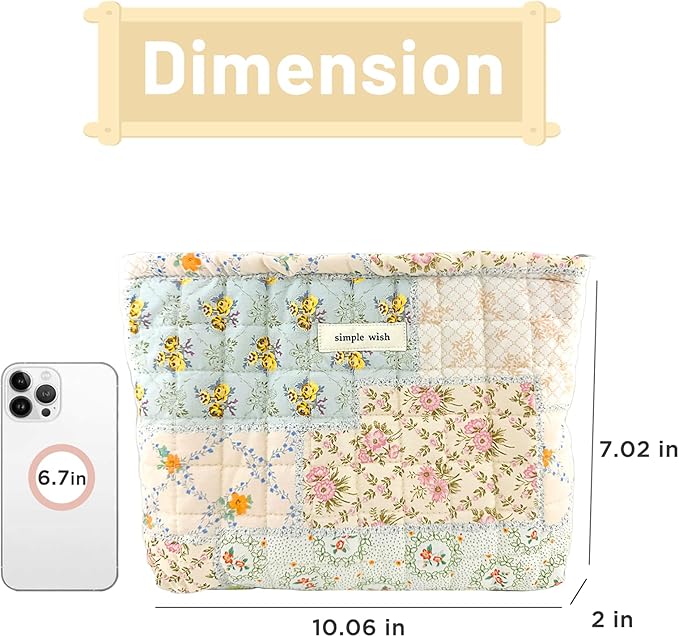 Floral Makeup Bag Pouch - Large Capacity Quilted Cosmetic Organizer for Travel Daily, Aesthetic Cottagecore Cotton Toiletry Purses with Zipper, Portable Gift for Women (Blue Floral-L)