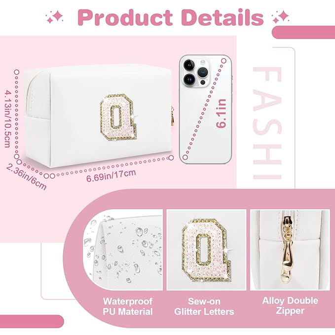 Small Initial Patch Makeup Bag Personalized Gifts Make Up Bag,White Cute PU Leather Glitter Letter Cosmetic Bag with Zipper,Trendy Portable Travel Toiletry Pouch,Preppy Stuff for Teen Girls Women Q