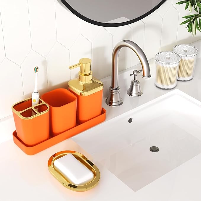 Bathroom Accessories Set - Luxury Orange Bathroom Set, 9 Pieces Bathroom Accessory Set, Orange Bathroom Accessories with Trash Can, Toilet Brush & Soap Dispenser