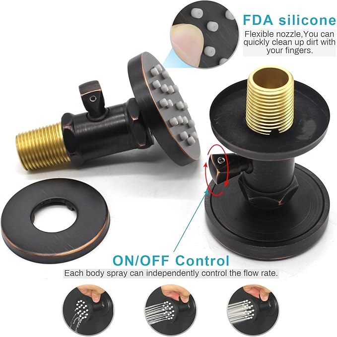 Solid Brass Shower Body Spray Jets with On Off Switch Oil Rubbed Bronze Round Shower Body Sprayer Massage Spa Wall Side Jet, Flow Can Be Controlled, Showerhead Can Swivel, 6 Pcs
